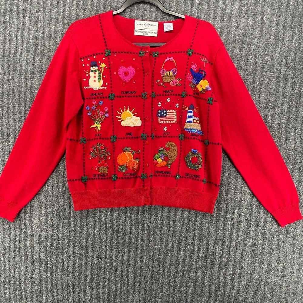 Marisa Christina Cardigan Sweater PM Red Calendar Button Up Holiday Granny Theme